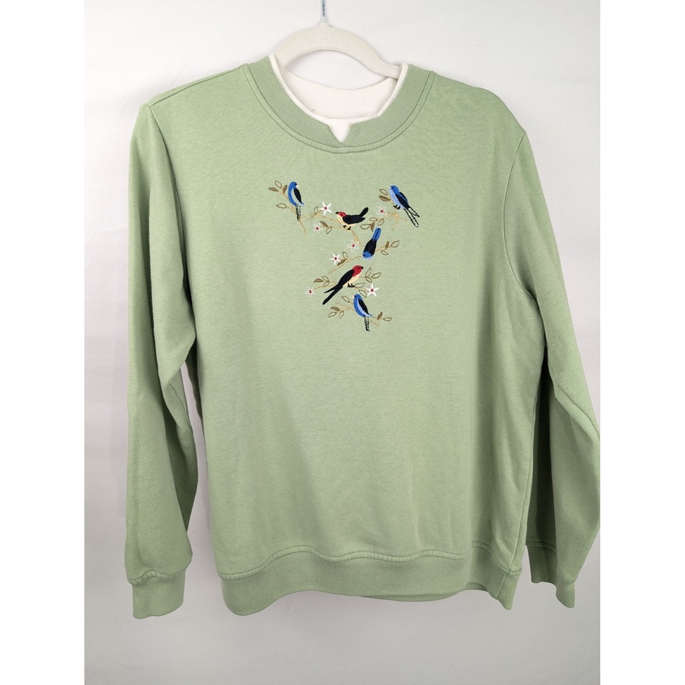 Vintage 90s Bird Embroidered Sweatshirt Size M Green Floral Cottagecore Granny